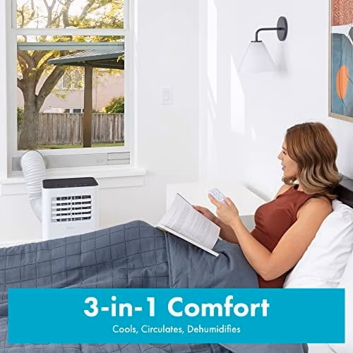 SereneLife SLPAC805W.5 Airconditioner + Ingebouwde Ontvochtiger Draagbare AC-unit Koelt Ruimtes tot 400 m² - Inclusief Afstandsbediening & Raamafdichtingsset, 8000 BTU + WiFi, Wit-Zwart