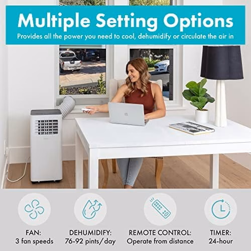 SereneLife SLPAC805W.5 Airconditioner + Ingebouwde Ontvochtiger Draagbare AC-unit Koelt Ruimtes tot 400 m² - Inclusief Afstandsbediening & Raamafdichtingsset, 8000 BTU + WiFi, Wit-Zwart