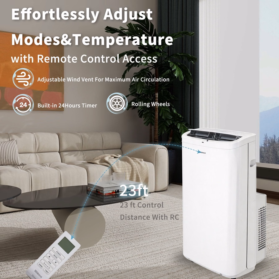 Shinco 14.000 BTU witte draagbare airconditioner met verwarming tot 700 vierkante voet, airco-verwarmingscombinatie voor raam, draagbare airco met ontvochtiger en ventilator, koelt en verwarmt, afstandsbediening en raammontageset