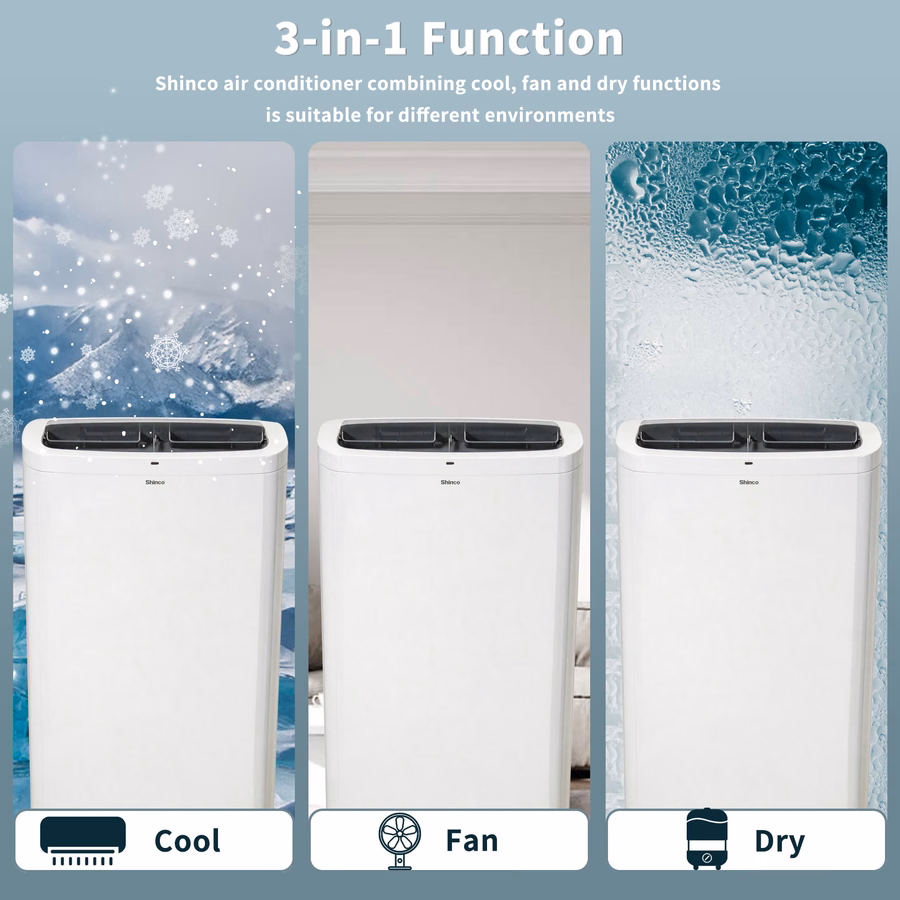 Shinco 14.000 BTU witte draagbare airconditioner met verwarming tot 700 vierkante voet, airco-verwarmingscombinatie voor raam, draagbare airco met ontvochtiger en ventilator, koelt en verwarmt, afstandsbediening en raammontageset